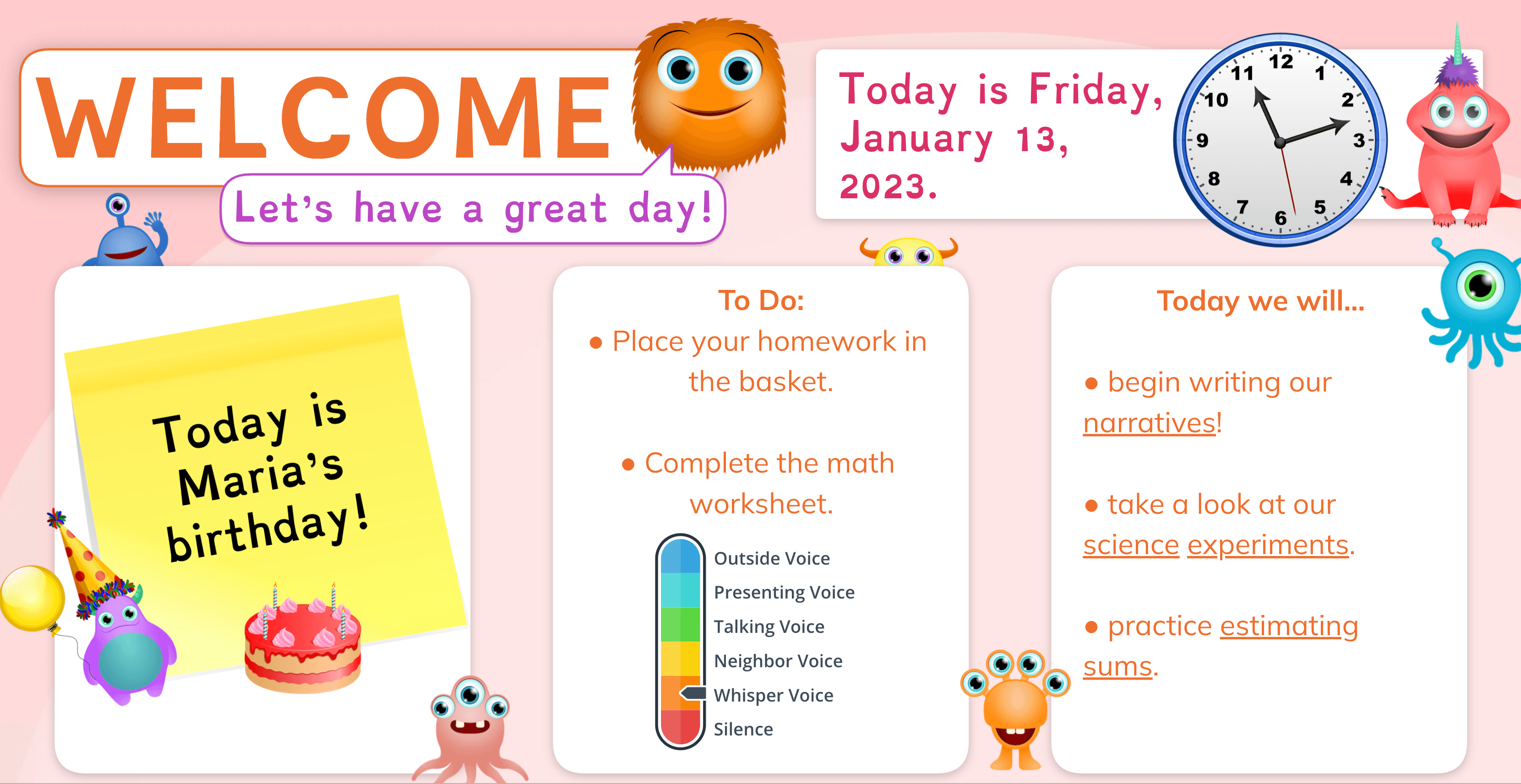 Elementary school daily agenda on an interactive whiteboard